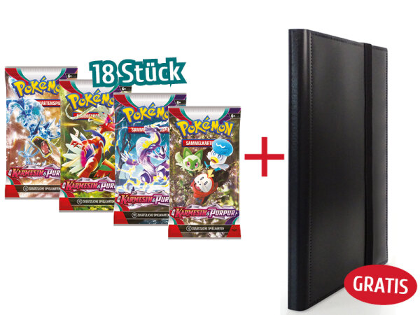 18x Pokémon - Booster - Karmesin & Purpur + Neutrales Sammelalbum schwarz