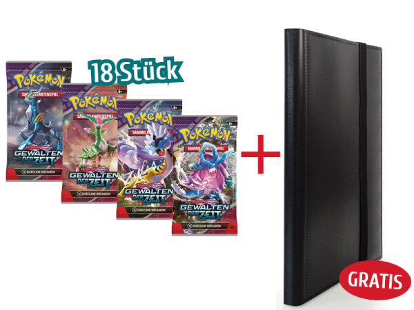 18x Pokémon - Booster - Karmesin & Purpur 05 Gewalten der Zeit + Neutrales Sammelalbum schwarz